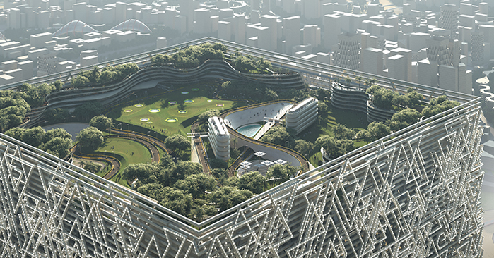 Aerial view of the building with a greenery covered rooftop