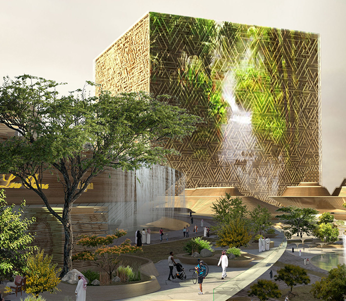 An artist's rendition of a modern architectural marvel, featuring Mukaab, a large cubic structure with intricate lattice patterns, integrated into a serene landscape with water features and greenery, as pedestrians stroll by, showcasing the harmonious blend of futuristic design and natural elements.