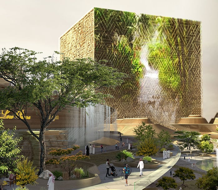 New Murabba's downtown, Saudi Arabia, the Mukaab rises amid lush wadi landscaping, water features and strolling pedestrians