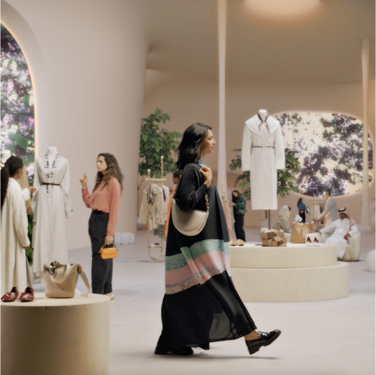 A modern boutique showcasing minimalist fashion and accessories, with people exploring the stylish space featuring soft tones and natural light.