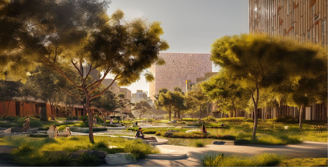 A modern city that has wide green areas.