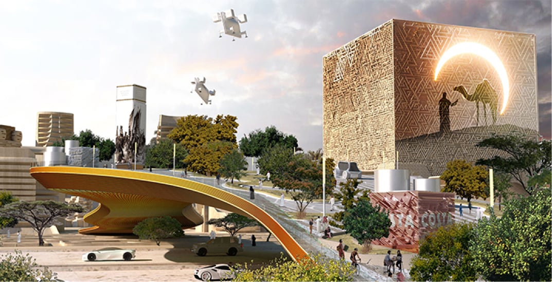 An artist's rendering of a futuristic city with unique architecture and flying vehicles.