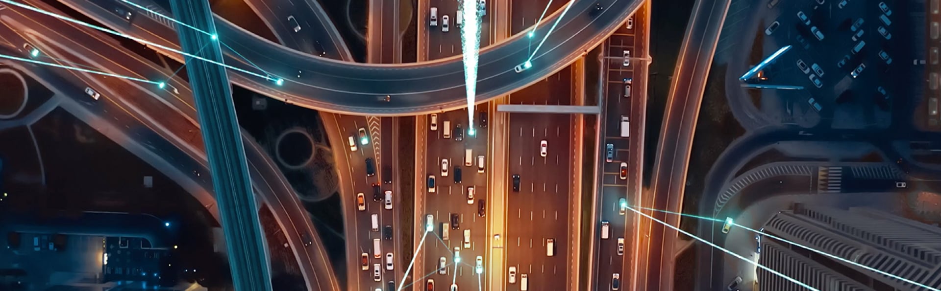 Aerial view of a highway intersection with digital network connection lines.