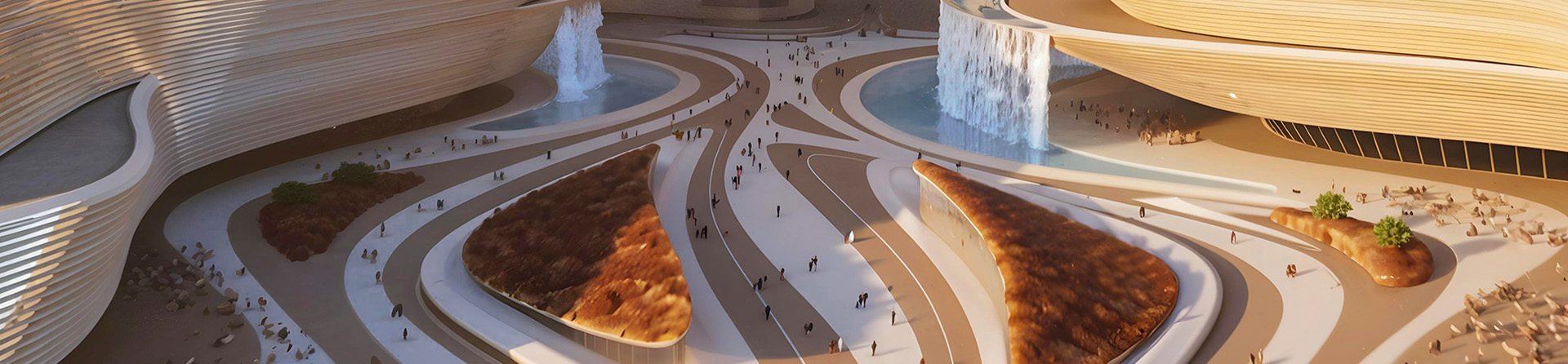 Modern architectural marvel with cascading waterfalls and curved buildings in a futuristic urban plaza.