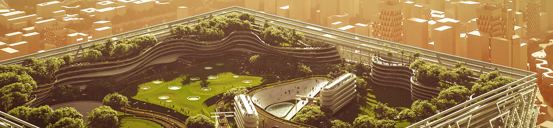  Aerial view of the building with a greenery covered rooftop