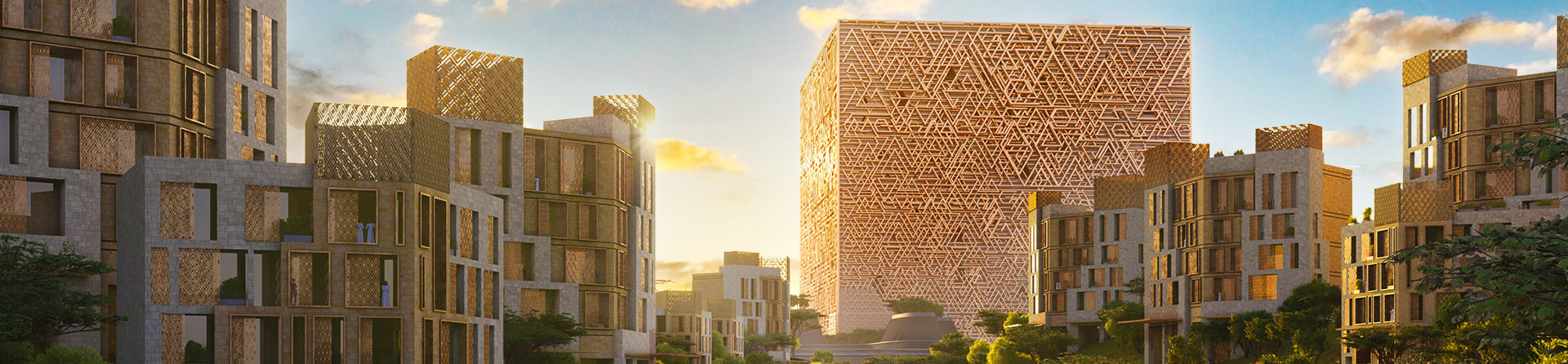 A view of the Mukaab amidst towering buildings in an urban center