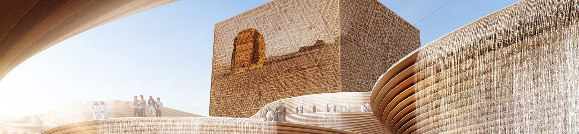 Visionary New Murabba Project: Modern cuboid building in Riyadh with a waterfall