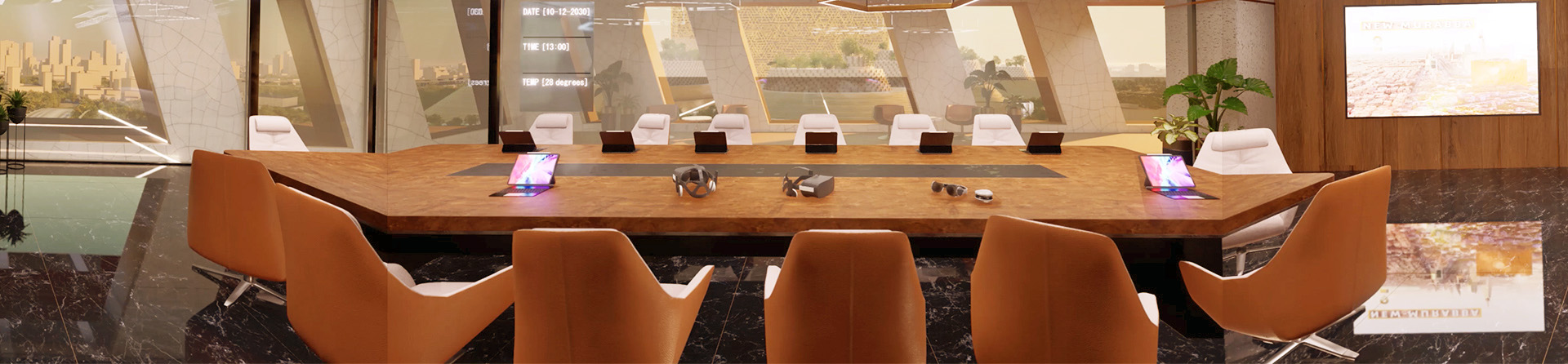 غرفة المؤتمرات مع طاولة طويلة وكراسي