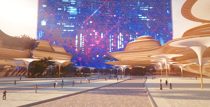 تقديم لمدينة مستقبلية مع ناطحة سحاب شاهقة في الخلفية