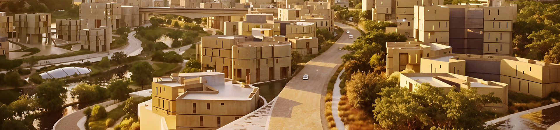 Aerial view of a futuristic city with geometric buildings and trees
