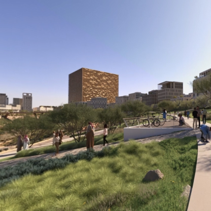 منظر طبيعي مع مساحات خضراء في المربع الجديد.