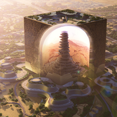 منظر للسماء للمربع الجديد مع مبنى المكعب في الوسط.