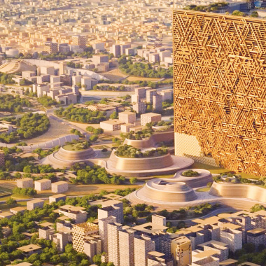 منظر جوي للمربع الجديد يظهر فيه المساحات الخضراء والمباني الحديثة بجانب المكعب.