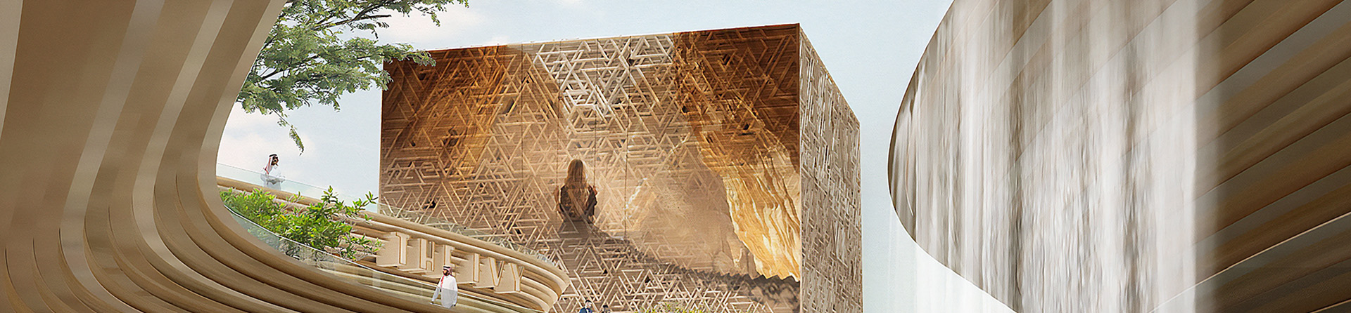 An architectural rendering showing a modern building with an intricate wooden facade, nestled between a cascading waterfall on one side and a curving, tree-lined pathway on the other, with people leisurely enjoying the serene urban oasis.