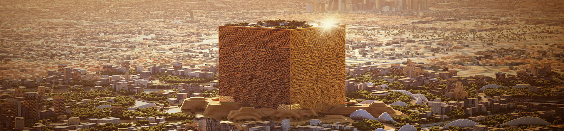An imposing Mukaab, cube-shaped building stands tall over a sprawling city bathed in the warm golden hues of sunset.