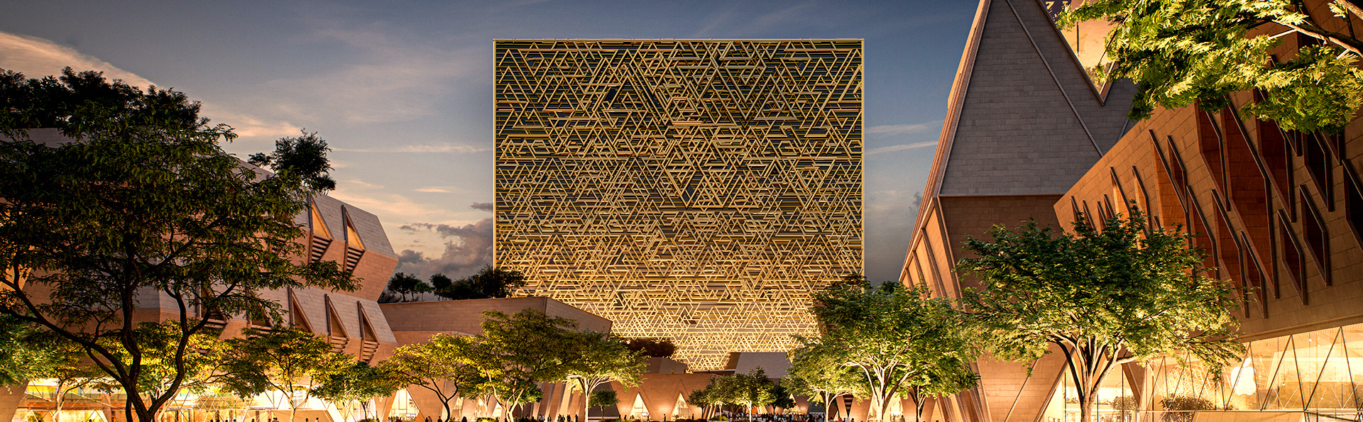 وسط مدينة حديثة مع المكعب في المركز.