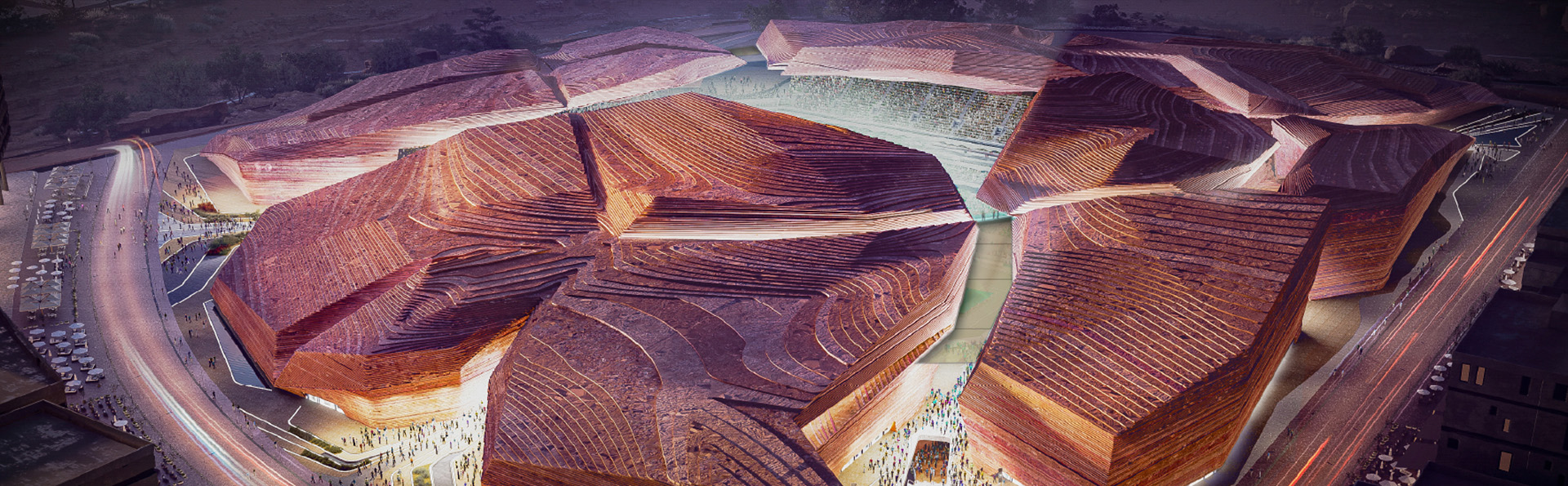 Aerial view of a futuristic architectural complex with terracotta-colored, segmented structures and pathways filled with people.