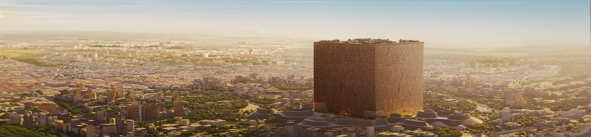 A towering skyscraper clad in a brown facade dominates the skyline amidst a sprawling urban cityscape under a warm, hazy sunrise.
