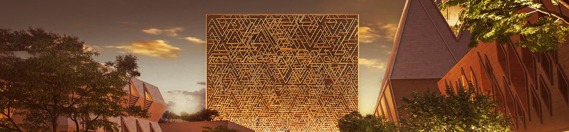  Modern architectural marvel of featuring Mukaab, a building with unique geometric lattice facade amidst an urban landscape.